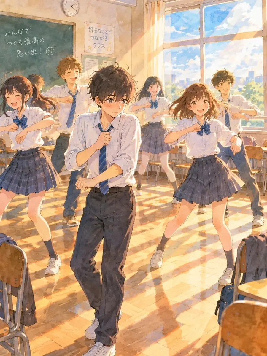 《班会课的拉丁舞》封面插画：明亮的教室里桌椅被推到一边，全班学生在练习舞蹈