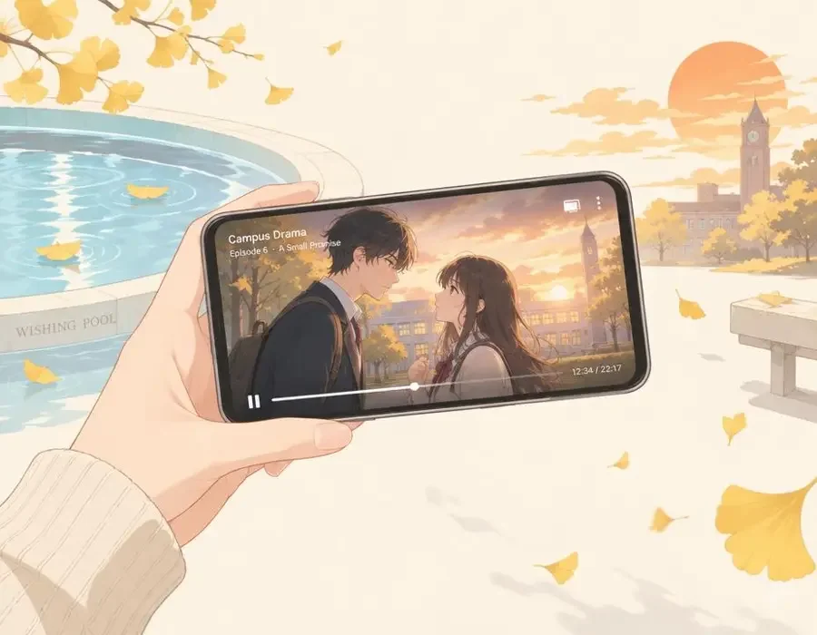 电影剧本 APP 播放界面插画：手机屏幕显示许愿池场景，桌面有笔记本与银杏叶