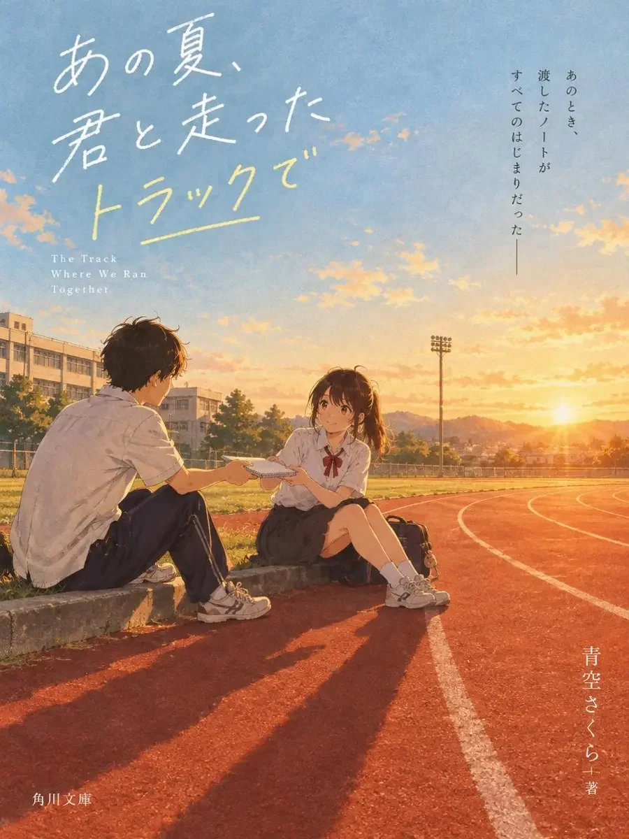 《操场的第七节课》封面插画：夕阳下的红色塑胶跑道，两名学生并肩坐在跑道上传递笔记本