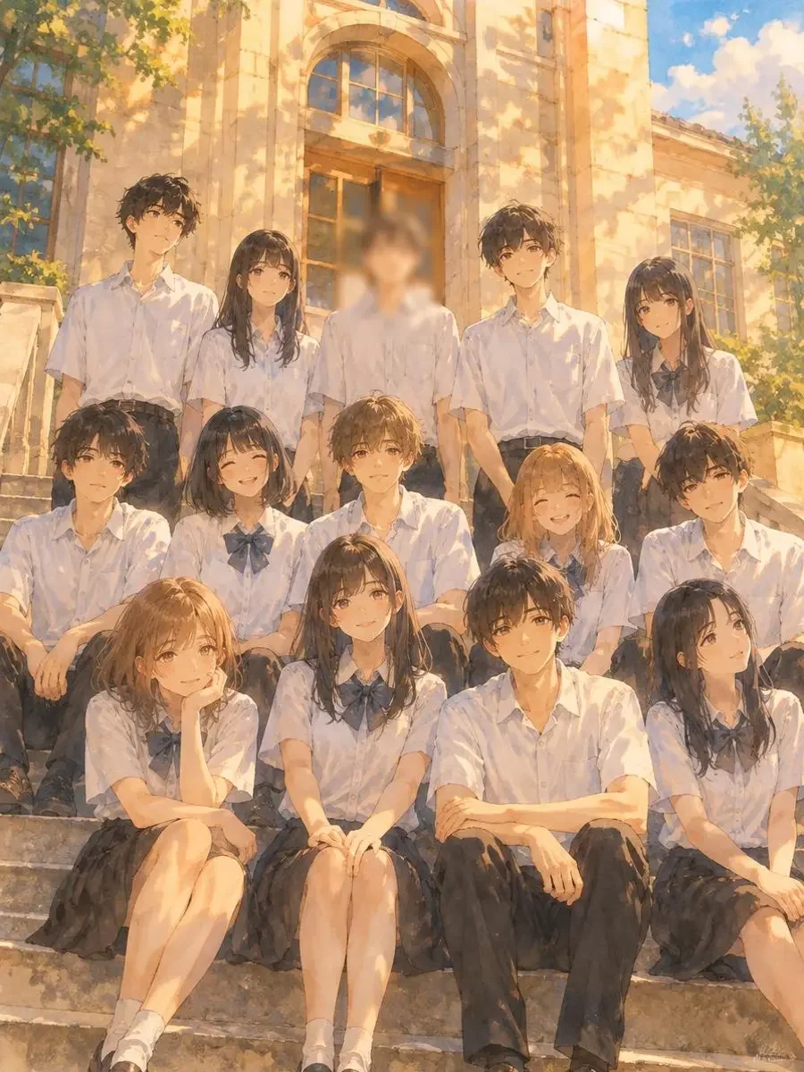 《第三排的毕业合影》封面插画：校园台阶上白衬衫学生排排合影，第三排有一个模糊的身影
